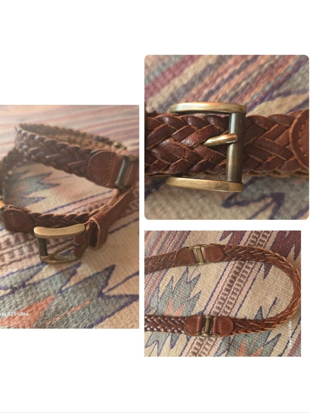 VTG Boho Braided Brown Leather Belt Brass Buckle Unbranded